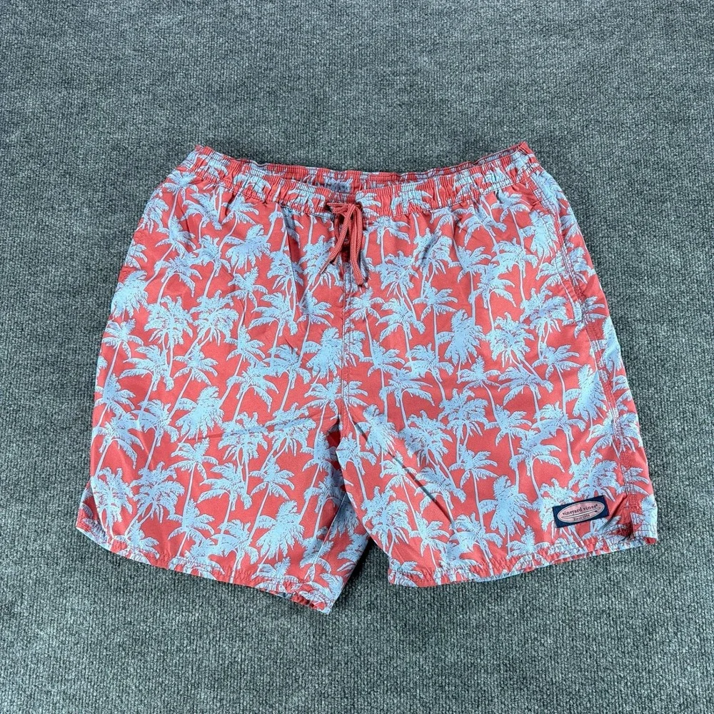 Vineyard Vines Mens Large Swim Trunks Red Palm Tree Mesh Lined Shorts Summer